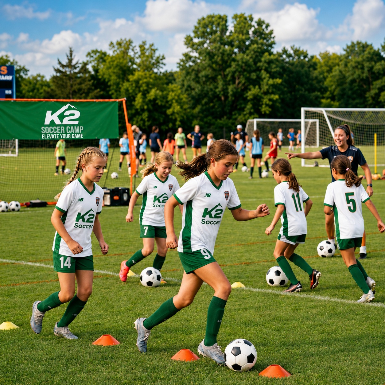 Young female soccer players training